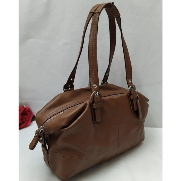Coach Brown Soft Leather Double Handles Zipper Closure Satchel Shoulder Bag - Picture 4 of 16